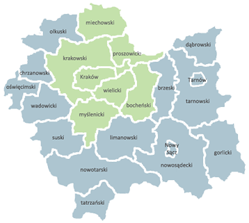 Mapka z zaznaczonym obszarem: Miasto Kraków i Podregion Krakowski