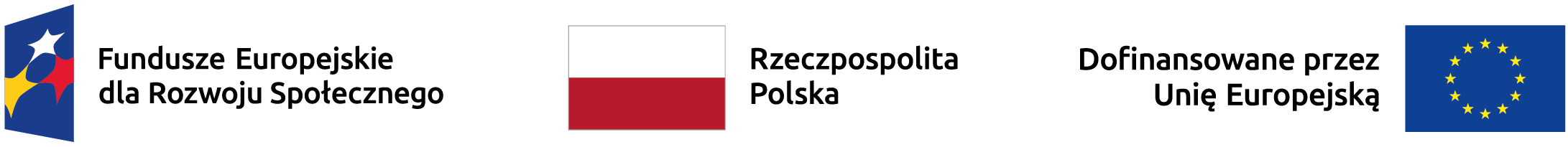 Logotyp Funduszy Europejskich dla Rozwoju Społecznego, flaga Rzeczpopolitej Polskiej i Unii Europejskiej.